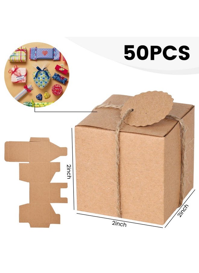 50Pcs Tiny Gift Boxes With Tag, 2 X 2 X 2 Inches Kraft Paper Favor Boxes Mini Cardboard Boxes Foldable Party Treat Boxes With Diy Tags For Wedding Bridal Shower Birthday Party