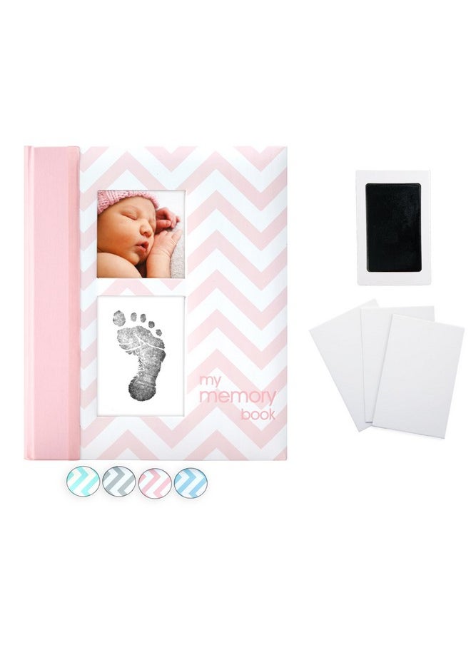 Baby Memory Book, First 5 Years Baby Milestone Book, Pregnancy Journal, Gender Neutral Newborn Keepsake, With Clean-Touch Ink Pad For Baby'S Handprint Or Footprint, Pink Chevron