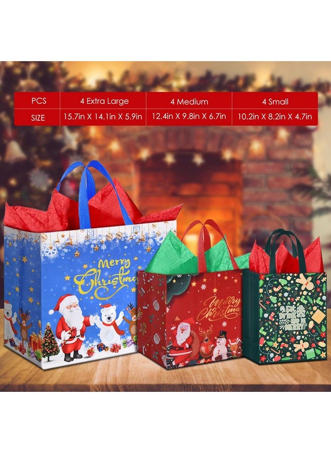 12 Pcs Christmas Gift Bags Assorted Sizes, Reusable Christmas Tote Bags With Handles, Include 4 Extra Large, 4 Large And 4 Medium Non-Woven Christmas Bags With Tissue Paper For Xmas Party