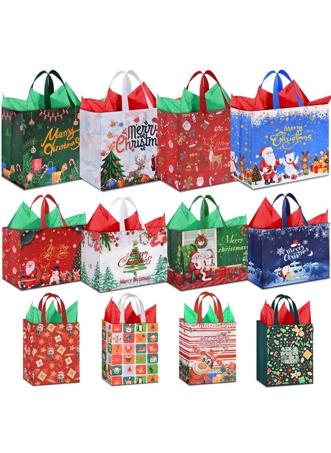 12 Pcs Christmas Gift Bags Assorted Sizes, Reusable Christmas Tote Bags With Handles, Include 4 Extra Large, 4 Large And 4 Medium Non-Woven Christmas Bags With Tissue Paper For Xmas Party