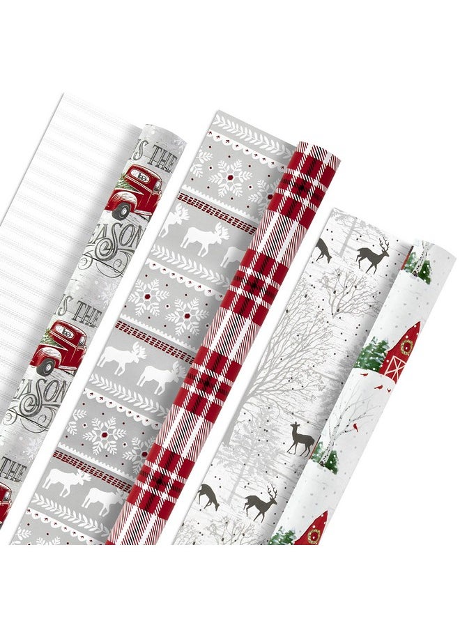 Holiday Wrapping Paper Rolls - Rustic Christmas Gift Wrap Paper (Set Of 3 Reversible Rolls: 120 Sq. Ft. Ttl.) Plaid, Barn, Red Truck, Moose, Woodland Scenes