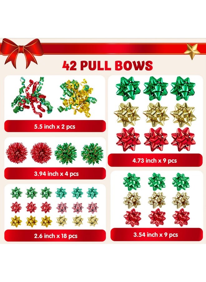 42 Pcs Gift Bows Assortment For Christmas With 36 Multi-Colored Assorted Size Self Adhesive Gift Bows, 4 Tinsel Bows And 2 Curly Bows For Gift Wrapping, Christmas Wrapping Ribbon (3 Sizes)