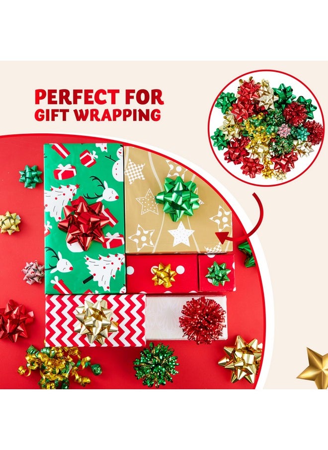42 Pcs Gift Bows Assortment For Christmas With 36 Multi-Colored Assorted Size Self Adhesive Gift Bows, 4 Tinsel Bows And 2 Curly Bows For Gift Wrapping, Christmas Wrapping Ribbon (3 Sizes)
