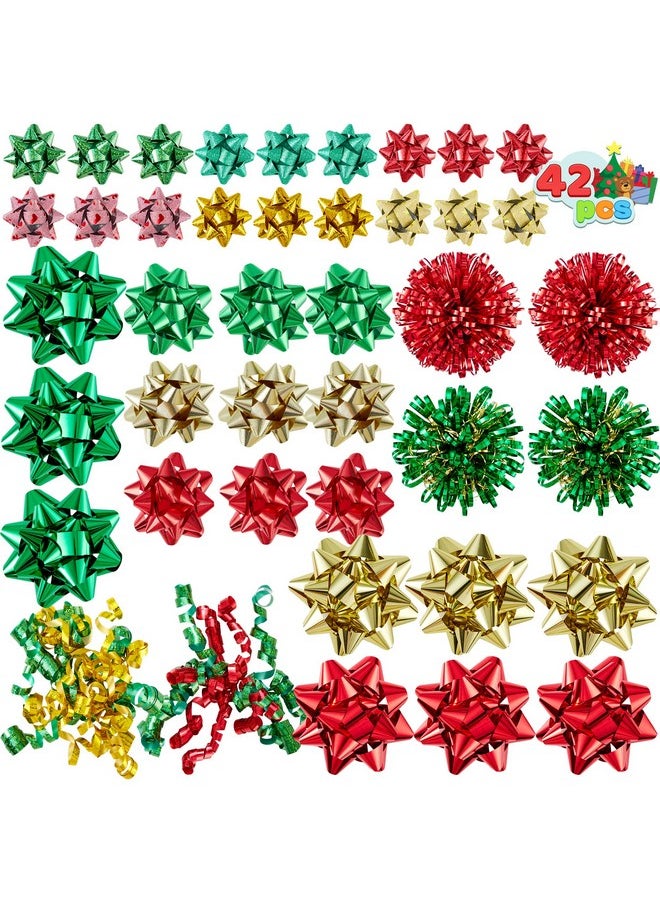 42 Pcs Gift Bows Assortment For Christmas With 36 Multi-Colored Assorted Size Self Adhesive Gift Bows, 4 Tinsel Bows And 2 Curly Bows For Gift Wrapping, Christmas Wrapping Ribbon (3 Sizes)