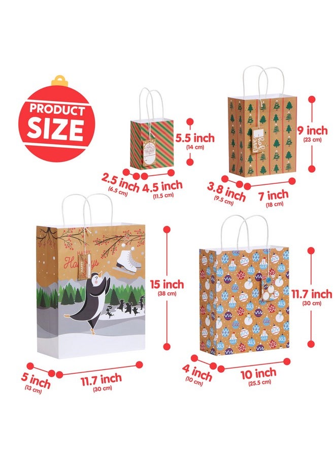 24 Pcs Christmas Kraft Bag Assorted Sizes Xmas Gift Paper Bags With Handle And Tags For Wrapping Xmas Holiday Presents Classroom Party Favors (6 Jumbo,6 Large,6 Medium,6 Small)