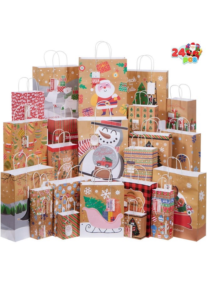 24 Pcs Christmas Kraft Bag Assorted Sizes Xmas Gift Paper Bags With Handle And Tags For Wrapping Xmas Holiday Presents Classroom Party Favors (6 Jumbo,6 Large,6 Medium,6 Small)