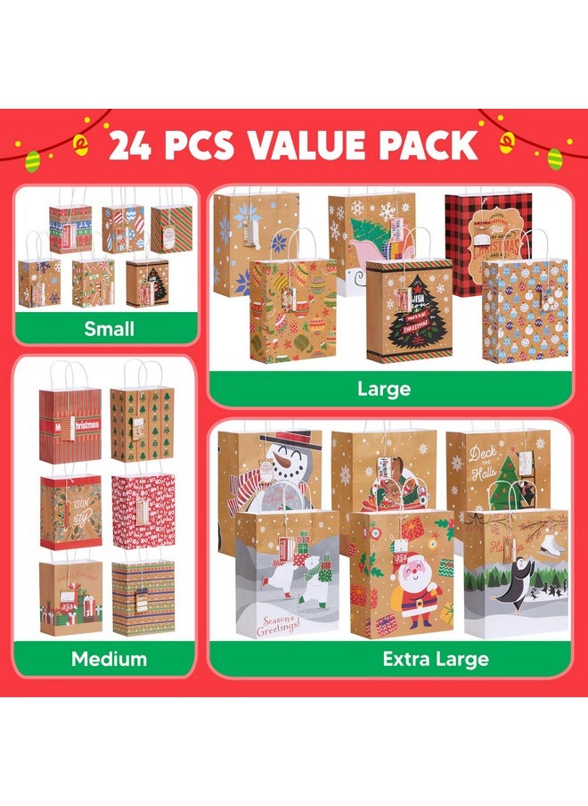 24 Pcs Christmas Kraft Bag Assorted Sizes Xmas Gift Paper Bags With Handle And Tags For Wrapping Xmas Holiday Presents Classroom Party Favors (6 Jumbo,6 Large,6 Medium,6 Small)