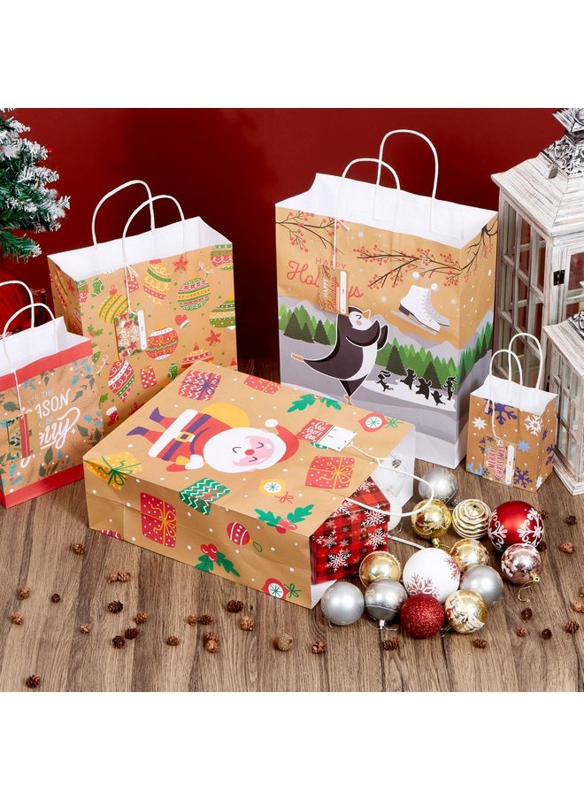 24 Pcs Christmas Kraft Bag Assorted Sizes Xmas Gift Paper Bags With Handle And Tags For Wrapping Xmas Holiday Presents Classroom Party Favors (6 Jumbo,6 Large,6 Medium,6 Small)