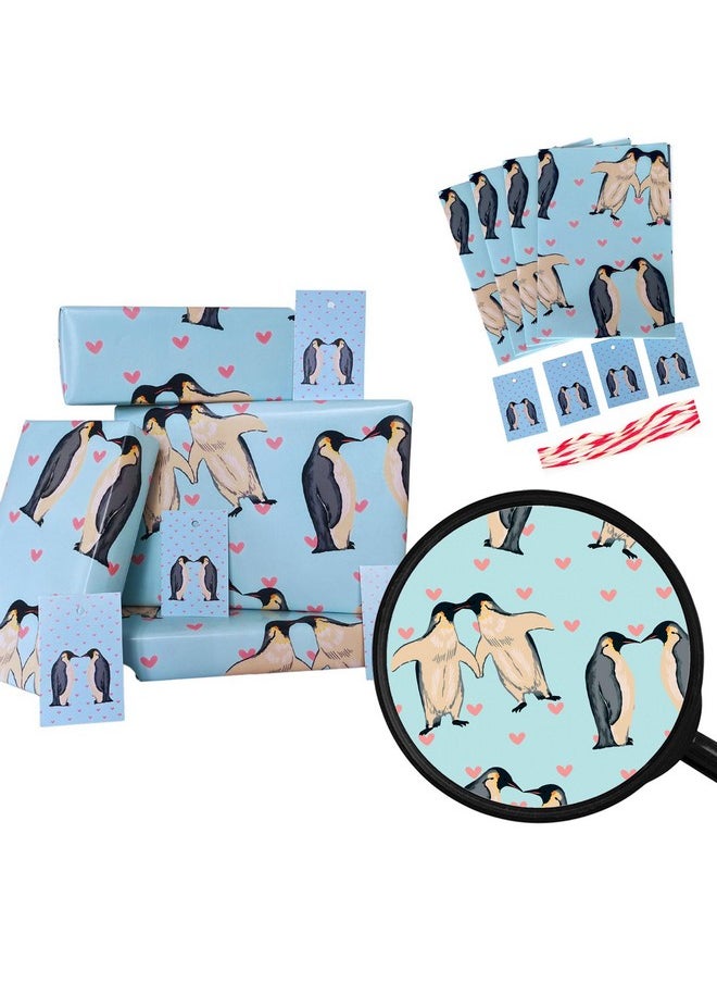 4 X Wrapping Paper Sheets With Tags & String. Funny Penguin Love Design In Blue & Red Perfect For Valentine Birthday & Anniversary Suitable For Men Women Husband Wife Mum