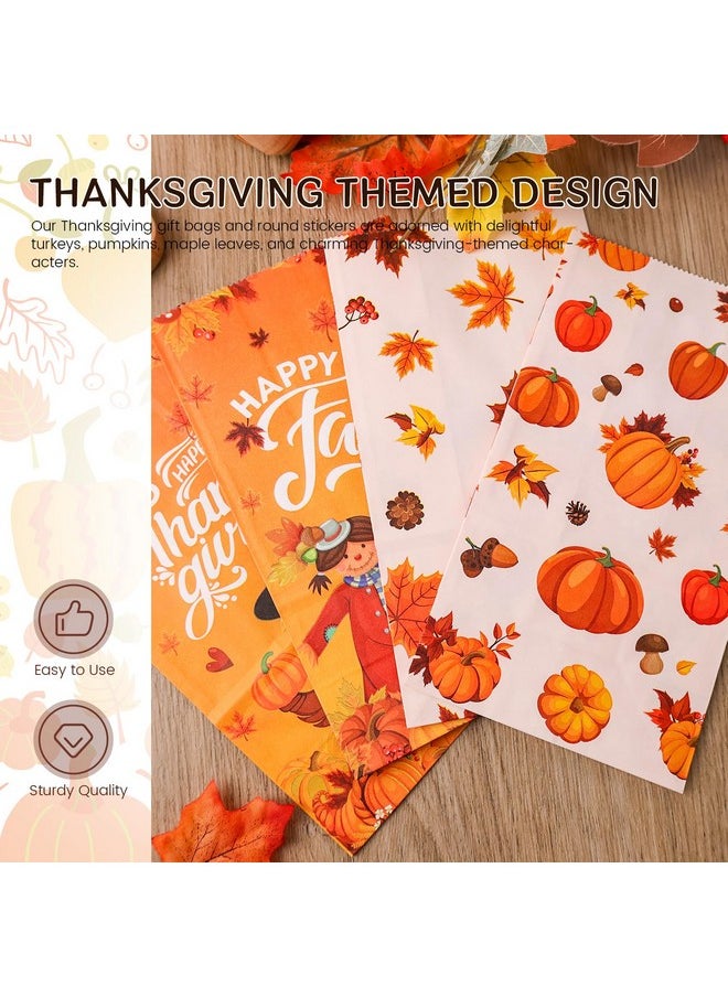 54Pcs Thanksgiving Gift Bags, Thanksgiving Candy Treat Bags With Stickers Fall Leaves Goodie Bags For Fall Autumn Party Supplies