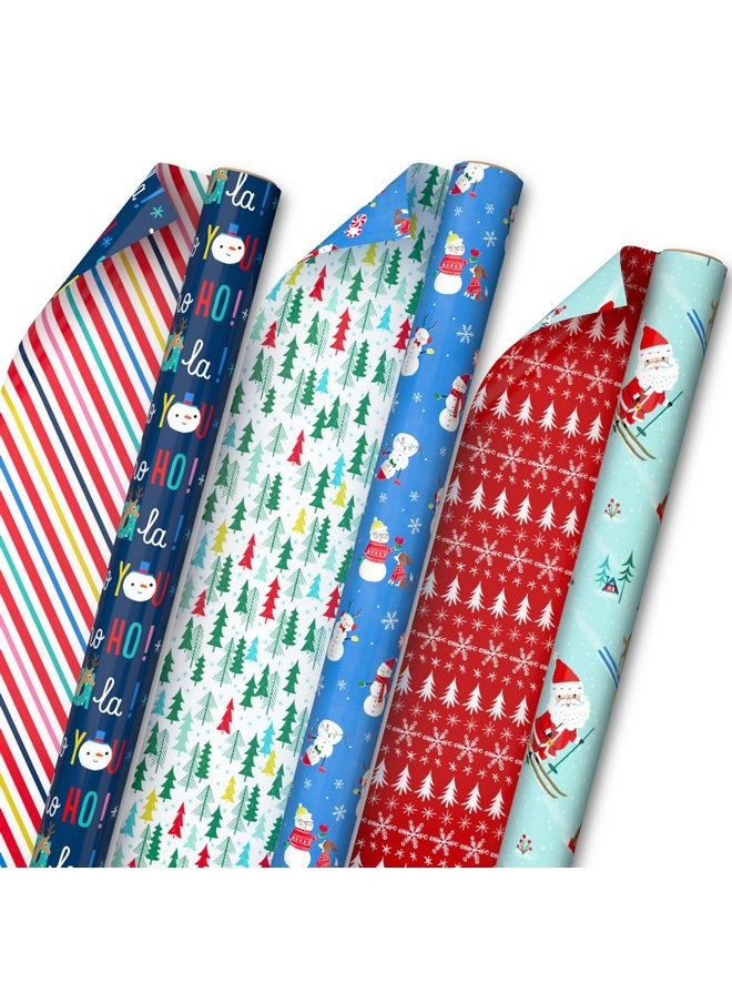 Reversible Christmas Wrapping Paper For Kids (3 Rolls: 120 Sq. Ft. Total) Snowmen, Stripes, Trees, Skiing Santa, Zebras, Hedgehogs, Penguins