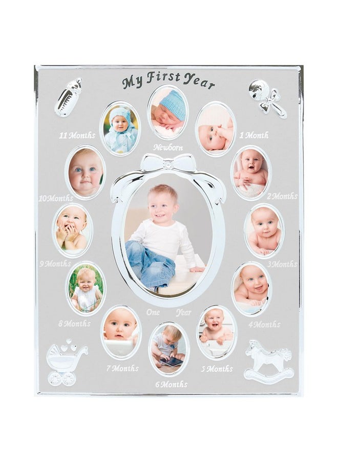 My First Year Picture Frame, Baby'S First Twelve Months Photo Collage And Gender Neutral Keepsake, Expecting Parents Holiday Gift, Ideal For Baby Shower, New Mom Gift And Nursery Decor, Silver Frame