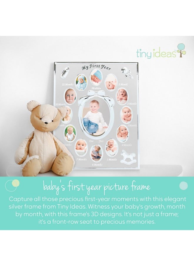 My First Year Picture Frame, Baby'S First Twelve Months Photo Collage And Gender Neutral Keepsake, Expecting Parents Holiday Gift, Ideal For Baby Shower, New Mom Gift And Nursery Decor, Silver Frame