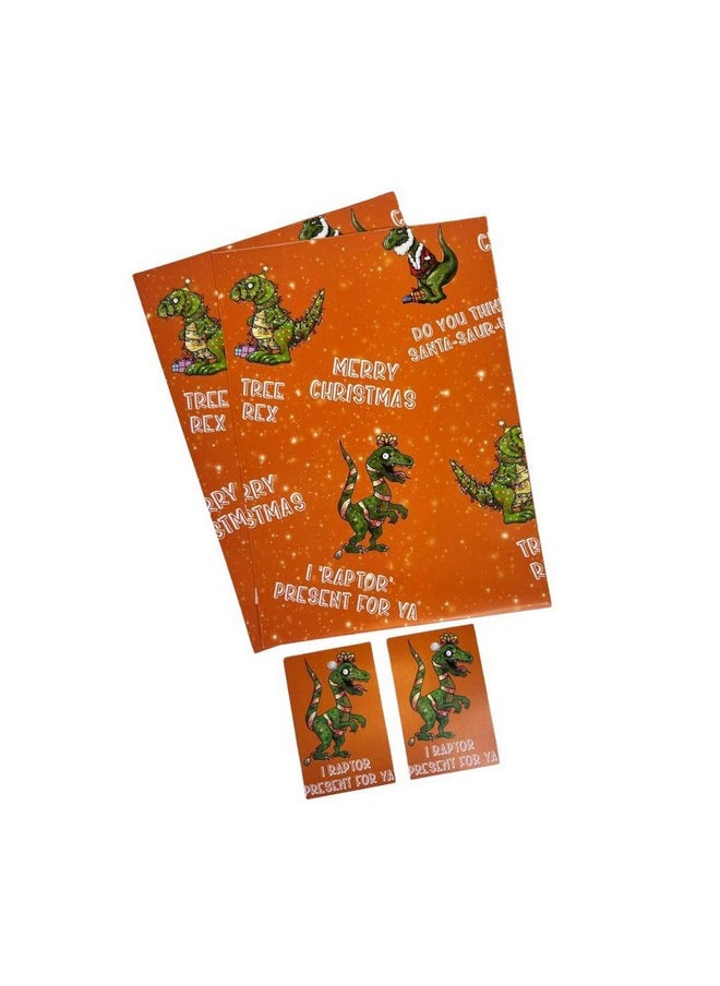 Christmas Wrapping Paper Sheets + Gift Tags (Pack 2) Quirky Dinosaur Design For Adults & Children