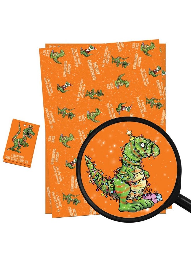 Christmas Wrapping Paper Sheets + Gift Tags (Pack 2) Quirky Dinosaur Design For Adults & Children