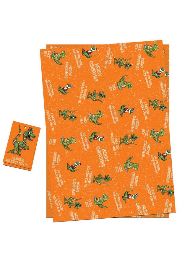 Christmas Wrapping Paper Sheets + Gift Tags (Pack 2) Quirky Dinosaur Design For Adults & Children