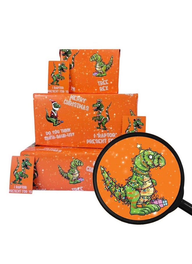 Christmas Wrapping Paper Sheets + Gift Tags (Pack 2) Quirky Dinosaur Design For Adults & Children