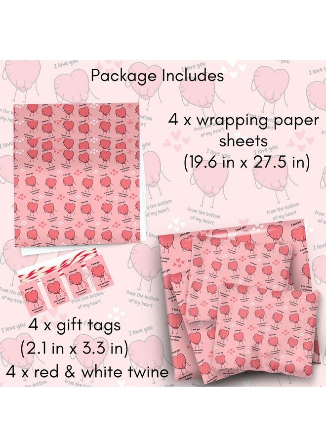 4 X Wrapping Paper Sheets With Tags & String. Funny I Love You Heart Design Pink Perfect For Valentine Birthday Mother'S Day & Anniversary Suitable For Men Women Mum Dad Husband & Wife