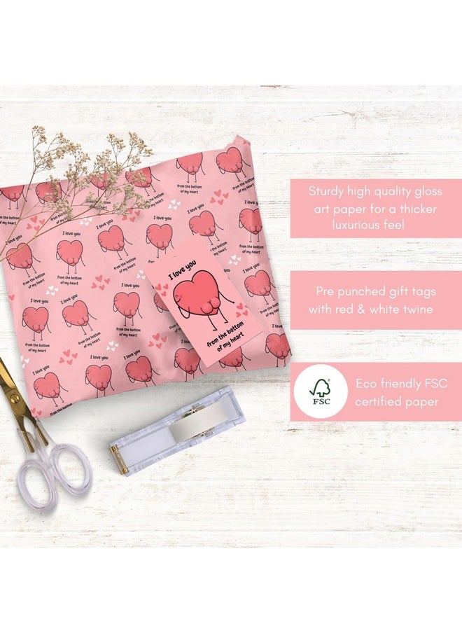 4 X Wrapping Paper Sheets With Tags & String. Funny I Love You Heart Design Pink Perfect For Valentine Birthday Mother'S Day & Anniversary Suitable For Men Women Mum Dad Husband & Wife