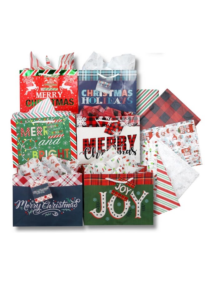 Medium Gift Bags With Tissue Paper For Christmas 24-Pack Fun Bright Designs Merry Christmas, Joy, Holidays