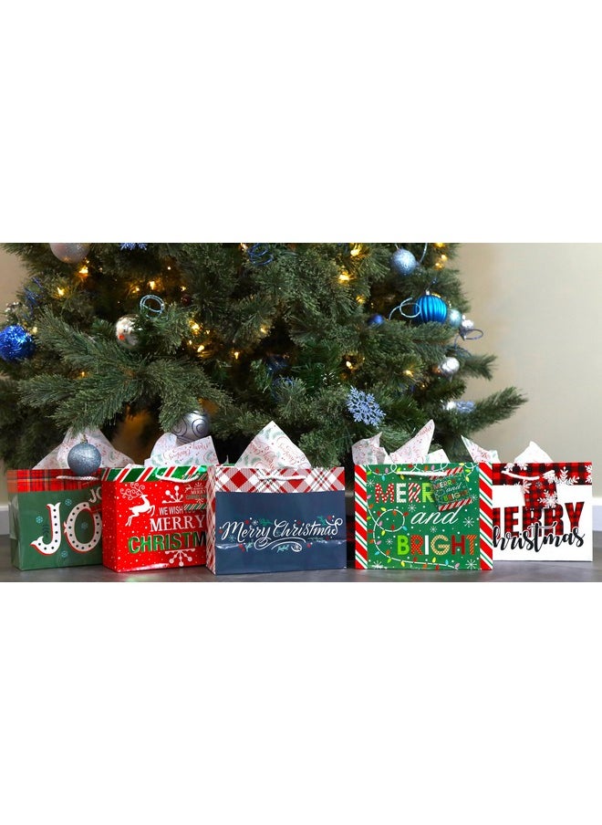 Medium Gift Bags With Tissue Paper For Christmas 24-Pack Fun Bright Designs Merry Christmas, Joy, Holidays