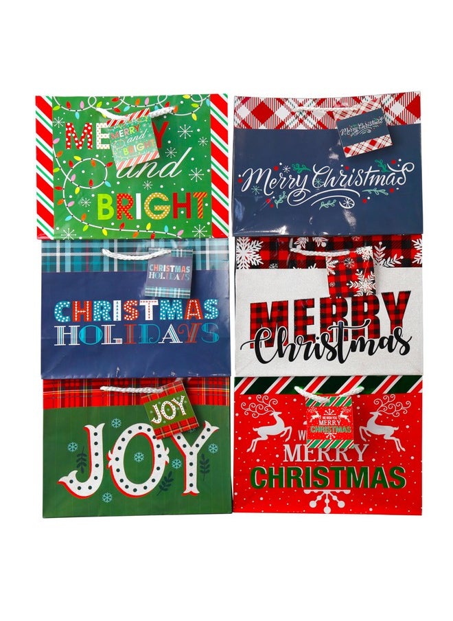 Medium Gift Bags With Tissue Paper For Christmas 24-Pack Fun Bright Designs Merry Christmas, Joy, Holidays