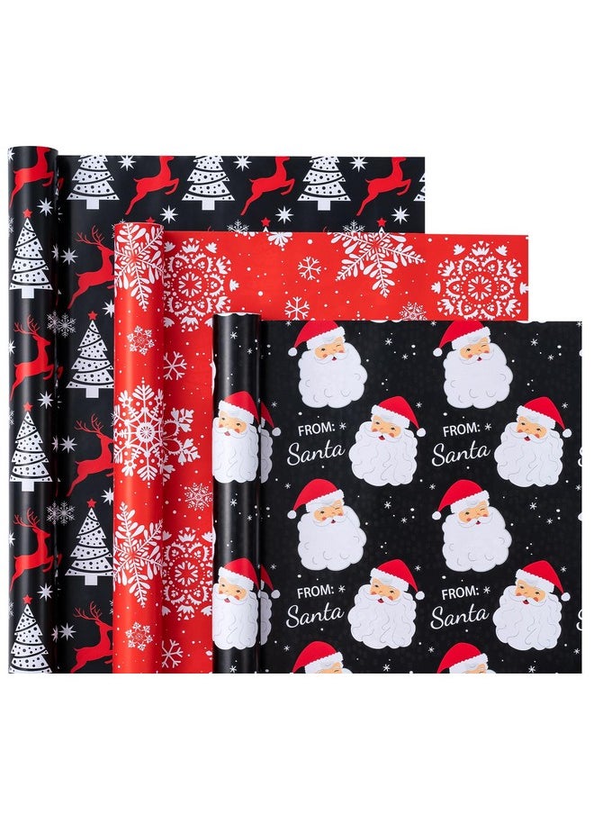 Christmas Wrapping Paper Roll - Mini Roll - 3 Rolls - 17 Inch X 120 Inch Per Roll - Black Jolly Santa Claus, Snowflake, Reindeer And Christmas Tree Holiday Collection