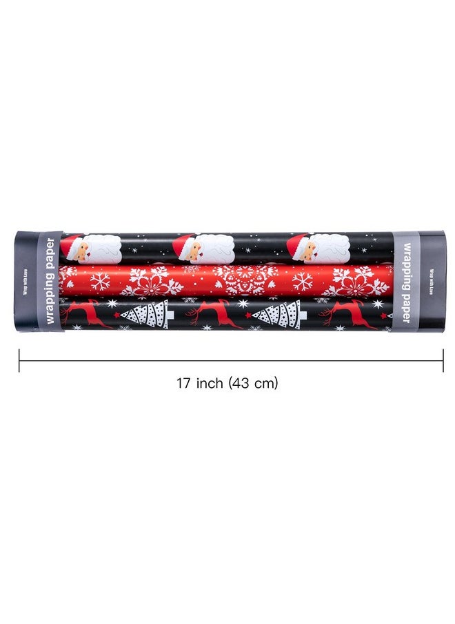 Christmas Wrapping Paper Roll - Mini Roll - 3 Rolls - 17 Inch X 120 Inch Per Roll - Black Jolly Santa Claus, Snowflake, Reindeer And Christmas Tree Holiday Collection