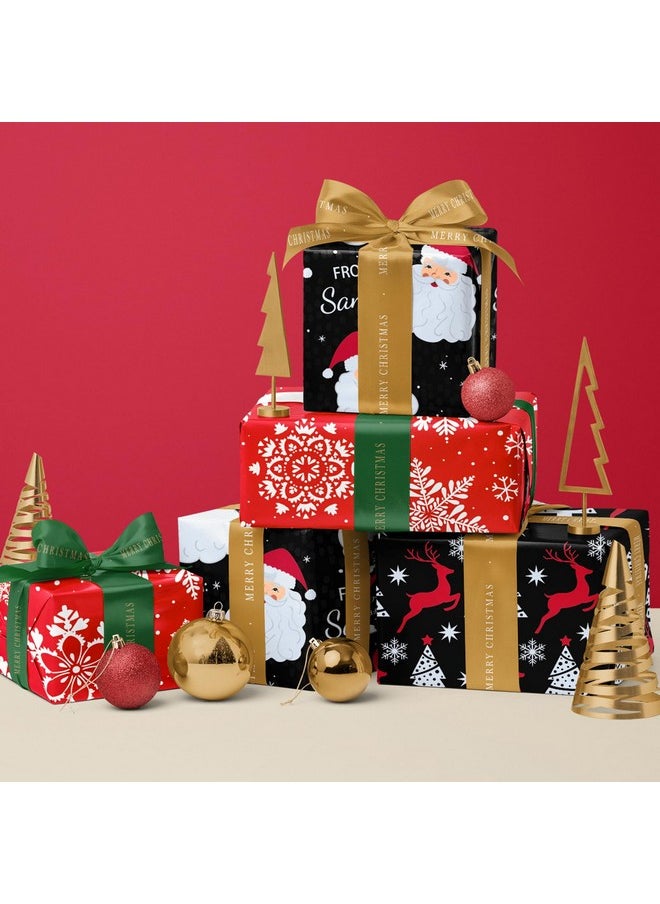 Christmas Wrapping Paper Roll - Mini Roll - 3 Rolls - 17 Inch X 120 Inch Per Roll - Black Jolly Santa Claus, Snowflake, Reindeer And Christmas Tree Holiday Collection