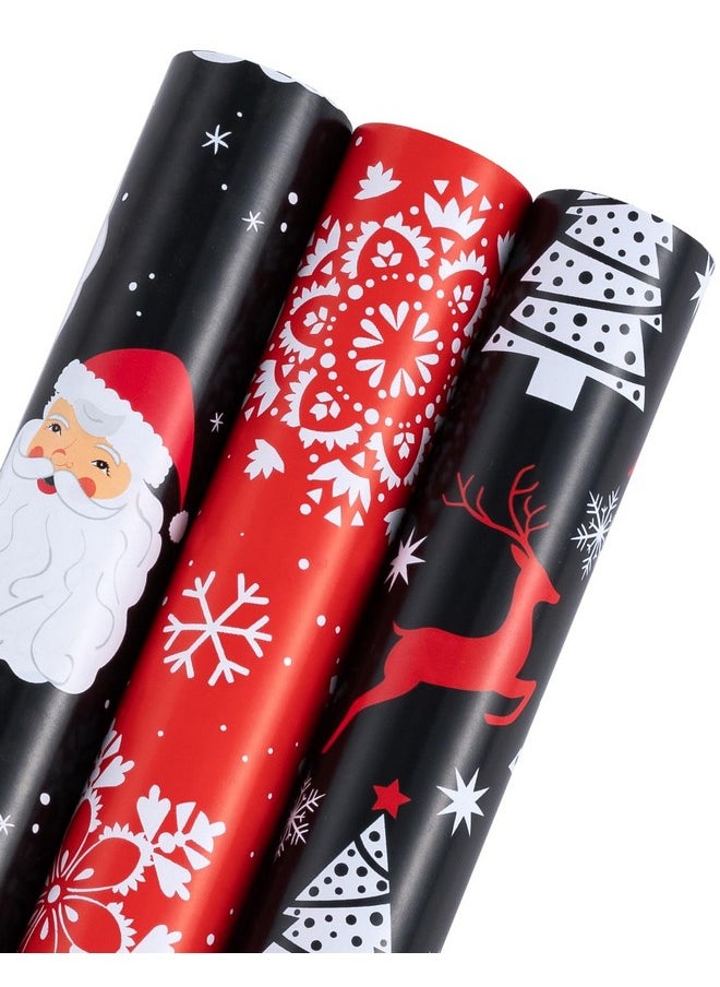 Christmas Wrapping Paper Roll - Mini Roll - 3 Rolls - 17 Inch X 120 Inch Per Roll - Black Jolly Santa Claus, Snowflake, Reindeer And Christmas Tree Holiday Collection