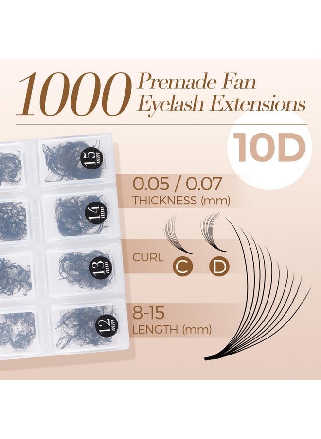 1000 Fans Pre Made Fans Lash Extensions, 3D 5D 10D Premade Fans Eyelash Extensions 8-15 Mm Mixed Length Promades Eyelash Fans Professional Pre Made Lash Fans (10D-0.07-D 8-15Mm)