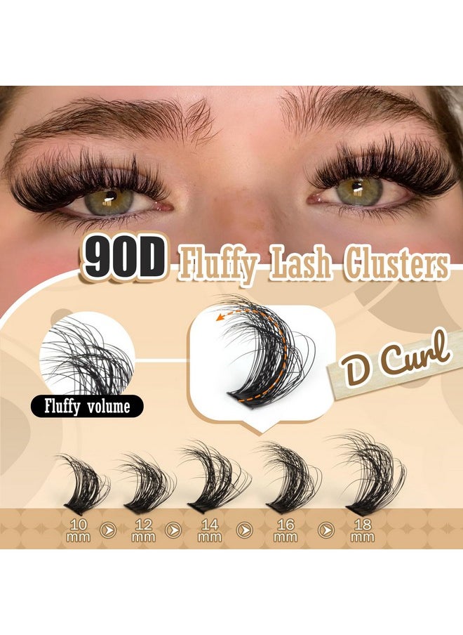 Diy Eyelash Extension Kit Volume Fluffy Lash Clusters Kit 10-18Mm Thick Lash Extensions 90D Individual Eyelashes Extensions Kit With Lash Bond, Lash Remover, Lash Applicator (90D-D Curl-200Pcs)