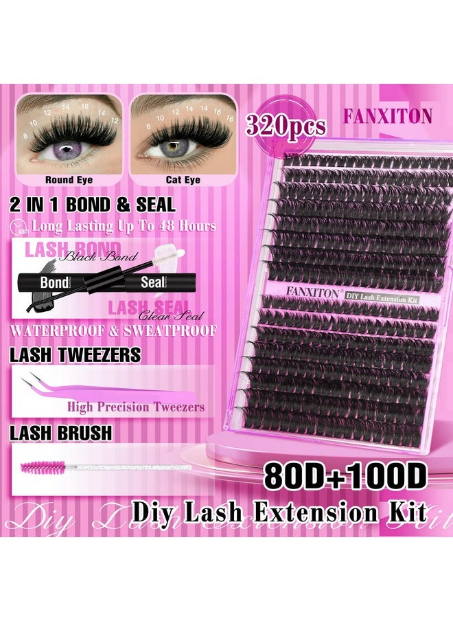 Diy Lash Extension Kit Volume Thick Lash Clusters 80D+100D 320 Pcs Individual Lashes D Curl Eyelash Extension Kit Lash Bond And Seal And Tweezers For Lash Clusters Kit Diy At Home