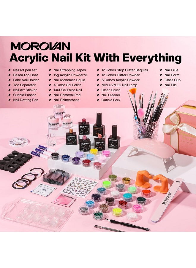 Acrylic Nail Kit For Beginners: Professional Nail Kit Acrylic Nail Set With U V Lamp With Everything Gel Polish Starter Kit With Glitter Acrylic Powder Nail Kit Gift Home Salon