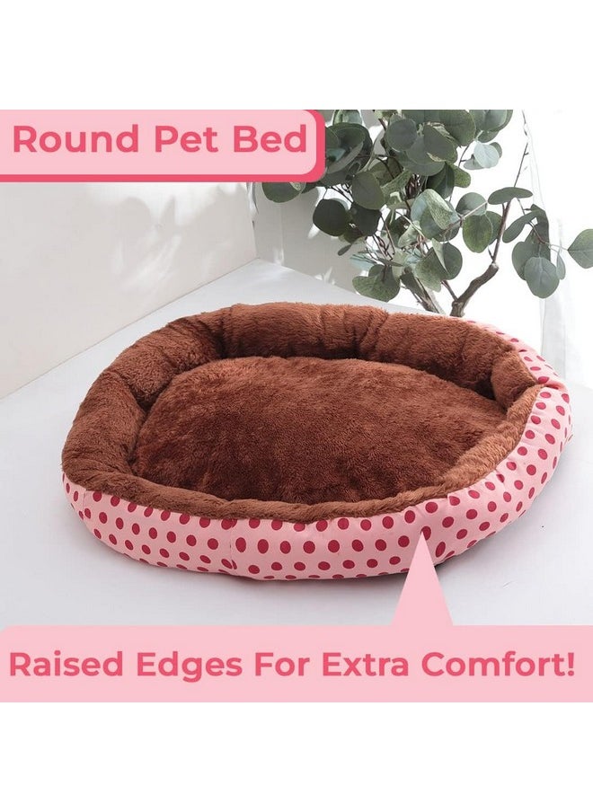 Dog & Cat Bed|Soft Plush Top Pet Bed|Oxford Cloth With High-Quality Polyester Filling|Medium Washable Dog Bed|Circular Cat Bed With Rise-Edge Pillow|Qy039Pc-M|Pink & Coffee