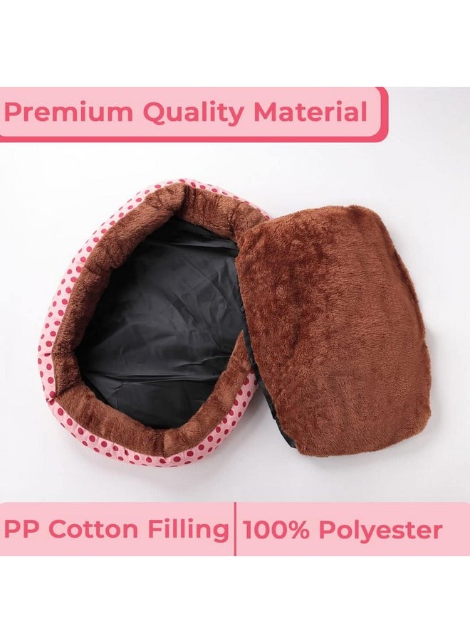 Dog & Cat Bed|Soft Plush Top Pet Bed|Oxford Cloth With High-Quality Polyester Filling|Medium Washable Dog Bed|Circular Cat Bed With Rise-Edge Pillow|Qy039Pc-M|Pink & Coffee