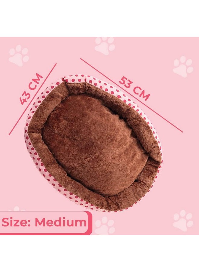 Dog & Cat Bed|Soft Plush Top Pet Bed|Oxford Cloth With High-Quality Polyester Filling|Medium Washable Dog Bed|Circular Cat Bed With Rise-Edge Pillow|Qy039Pc-M|Pink & Coffee