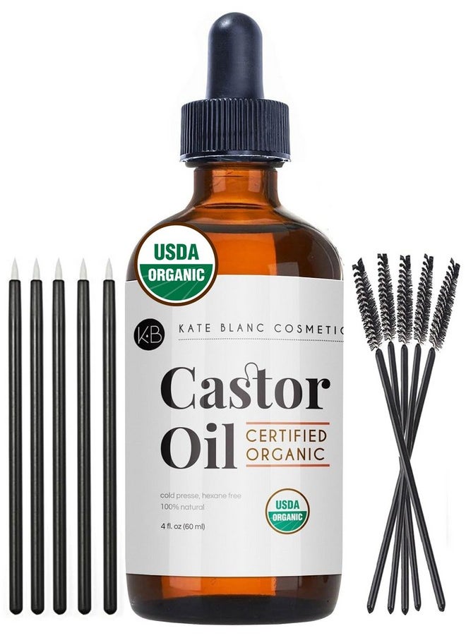 Organic Castor Oil (4Oz). 100% Pure, Cold Pressed, Hexane Free In A Glass Bottle. Stimulate Growth For Eyelashes, Eyebrows, Hair. Skin Moisturizer & Oil Cleanse With Starter Kit