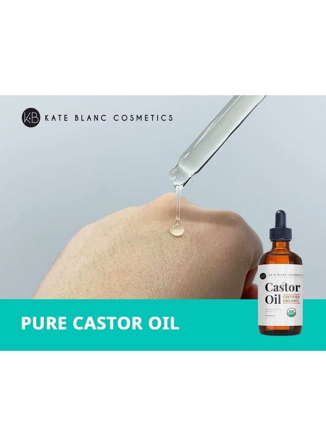 Organic Castor Oil (4Oz). 100% Pure, Cold Pressed, Hexane Free In A Glass Bottle. Stimulate Growth For Eyelashes, Eyebrows, Hair. Skin Moisturizer & Oil Cleanse With Starter Kit