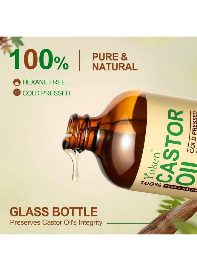 Pure Castor Oil Glass Bottle 16 Fl Oz 100% Natural Cold Pressed Castor Oil For Face, Body, Hair, Eyelashes - Hexane Free, Unrefined,Virgin, Rich Fatty Acids For Castor Oil Pack Skin Moisturizer