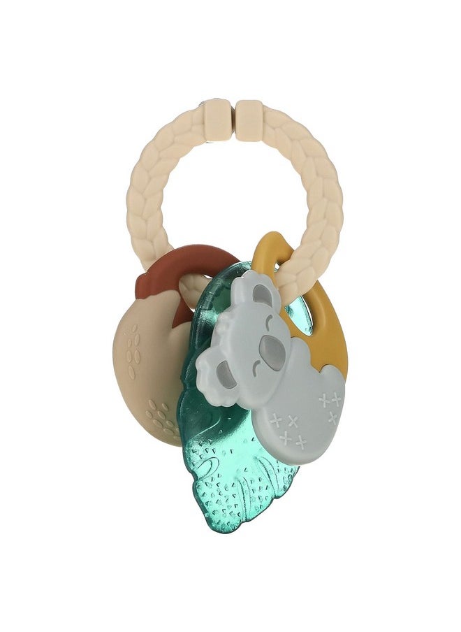 Teething Keys Baby Teether Toy - Features A Braided Texture Ring & Keys, Includes A Water-Filled Leaf-Shaped Teether & Silicone Sloth & Koala Teething Toys, Ideal For Ages 3 Months & Up