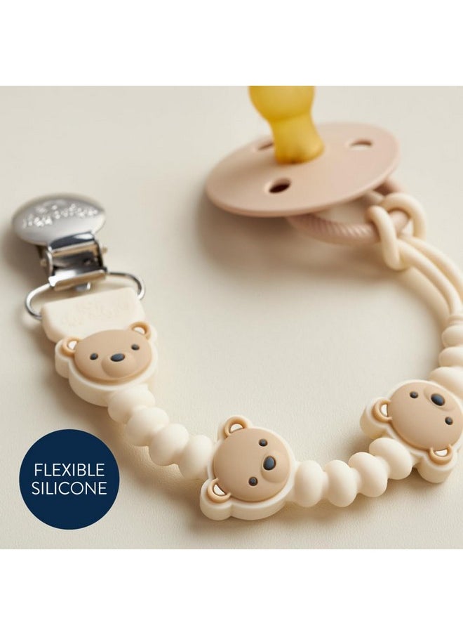 Silicone Pacifier Clip; 100% Food Grade Silicone Pacifier Strap With Clip Keeps Pacifiers, Teethers & Small Toys In Place; Features One-Piece Design, Bear Character & Silicone Cord (Bear)