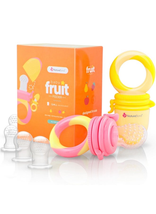 Baby Food Feeder/Fruit Feeder Pacifier Nibbler (2 Pack) - Infant Teething Toy Teether Weaning In Appetizing Colors | + Additional Silicone Sacs
