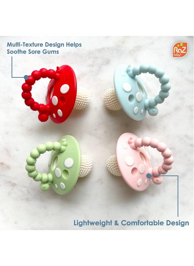 Chompy Teether For Infant & Baby 3M+ Teether Toy With Massaging Bristles For Teething Relief Pacifier - Soothes Sore Gums - Hands-Free & Easy-To-Hold Teether, Bpa Free - Red/Green