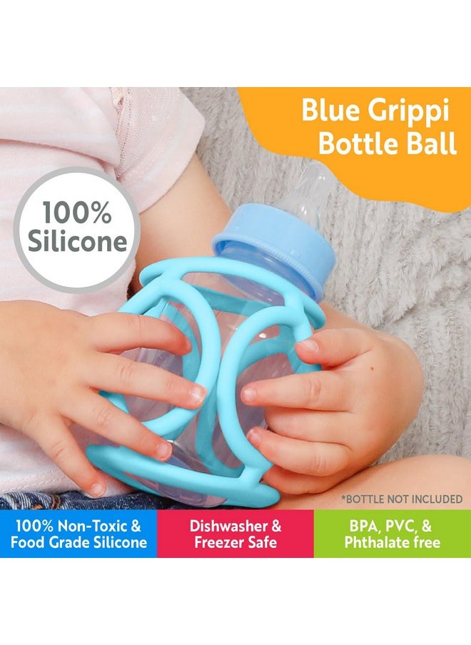 Ogobolli Grippi Teether Ring Tactile Sensory Ball And Baby Bottle Holder For Babies & Toddlers - Stretchy, Squishy, Soft, Non-Toxic Silicone - Boys And Girls Age 6+ Months - Blue