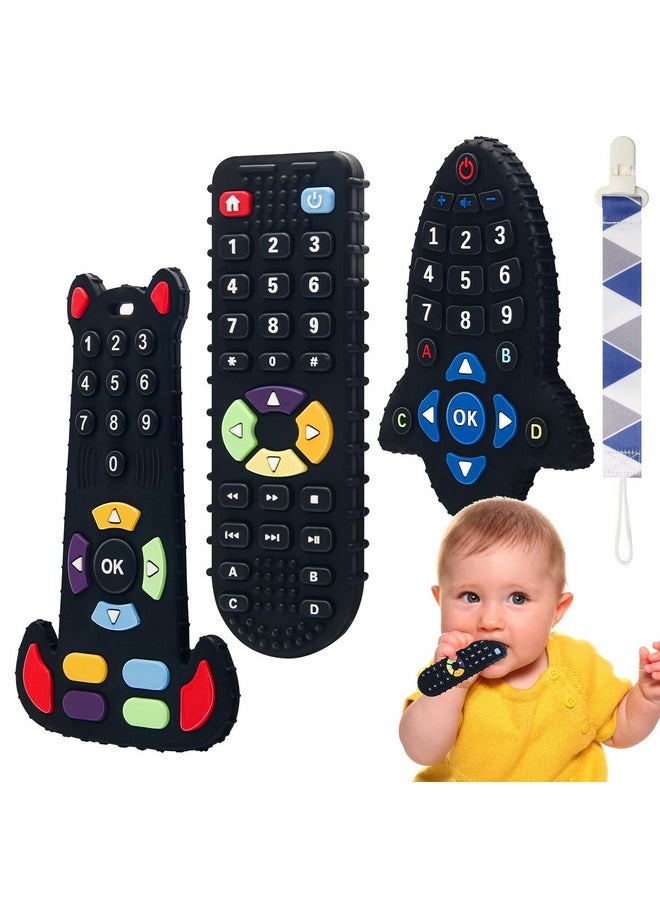 Baby Teething Toys, Food Grade Silicone Teether For Babies 3 6 12 18 Months, 3-Pack Tv Remote Shape Toddlers Chew Toys (Black)