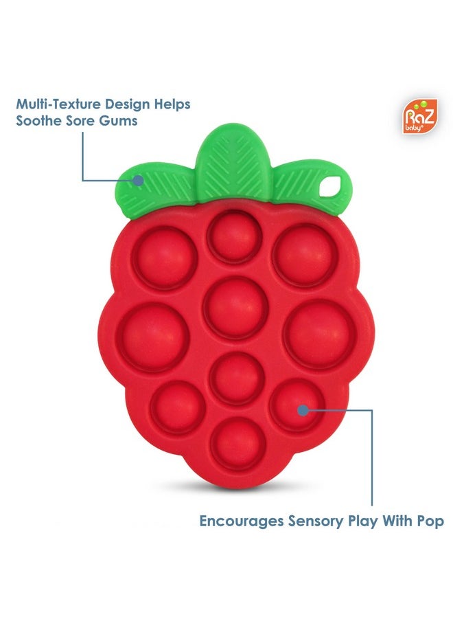 Razberry Pop Teether For Babies 3 Months & Up - Natural Raspberry Shaped Designed With Soft Bpa Free Silicone Poppers - Textured For Sensory Stimulation & Development