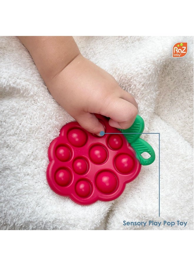 Razberry Pop Teether For Babies 3 Months & Up - Natural Raspberry Shaped Designed With Soft Bpa Free Silicone Poppers - Textured For Sensory Stimulation & Development