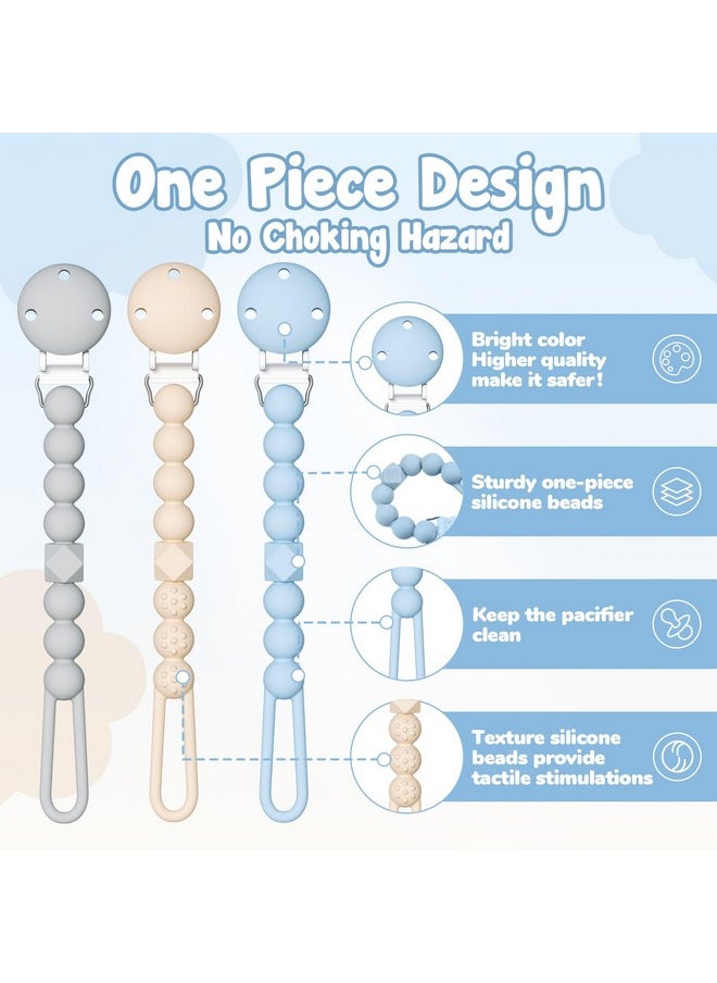 Pacifier Holder Clip With One Piece Beads For Baby Boys And Girls, 3 Pack Soft Flexible Rust-Free Binky Clips With Texture For Teething, Baby Essentials, Keeps Pacifier Clean, Safe For Newborn