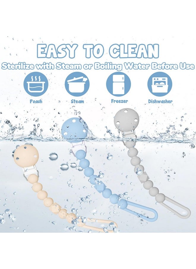 Pacifier Holder Clip With One Piece Beads For Baby Boys And Girls, 3 Pack Soft Flexible Rust-Free Binky Clips With Texture For Teething, Baby Essentials, Keeps Pacifier Clean, Safe For Newborn